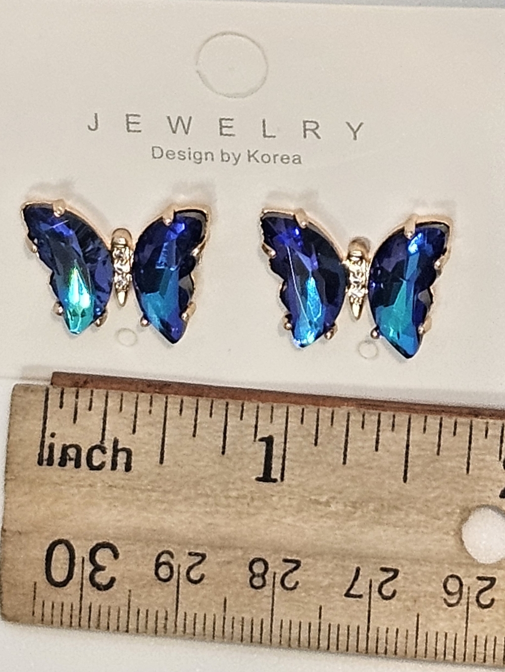 Blue Rhinestone Butterfly Earring Studs Gold Tone Setting - Picture 5 of 10